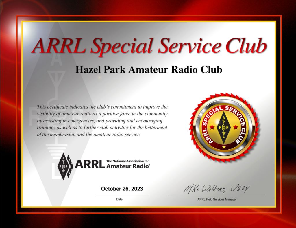 ARRL Special Service Club certificate 2023